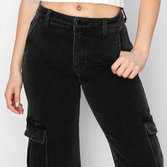 RISEN Cargo High-Rise Waist Boyfriend Denim Relaxed Wide Leg Utility Jean Pants - Picture 3 of 14